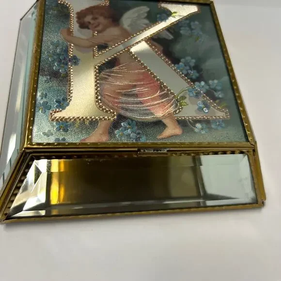 Beveled Glass Jewelry Trinket Box Victorian Style Angel Flowers Monogram K